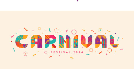 Carnival horizontal banner, invitation for festival 2024.Party card to carnaval,mardi gras,masquerade,parade.Letters from geometric shapes,fireworks,stars.Template for design flyer, web,poster. Vector