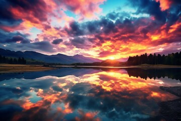 Vibrant sunset over a serene mountain lake, reflecting the warm hues of the sky and surrounding landscape.