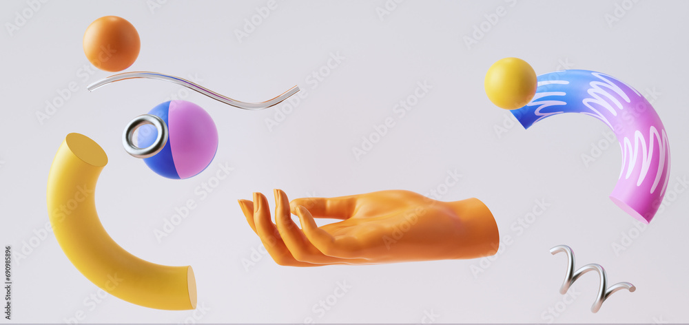 Aufkleber announcement 3d banner template, presentation concept. 3d rendering flying abstract geometric shapes