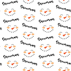 Seamless pattern illustration of a snowman face and lettering. Red carrot nose and smile.