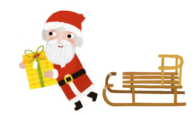 cartoon happy christmas scene with santa claus with sleigh with presents illustration for children