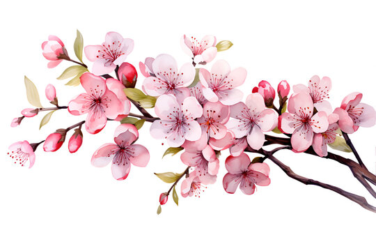 a branch of cherry blossoms, hand-painted style, isolated background, transparent, Prunus serrulata, national flower of japan, sakura