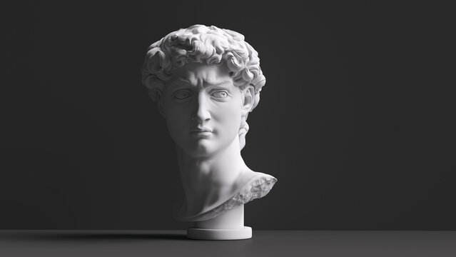 Greek sculpture, David Michelangelo bust, 3d rendering ancient man face