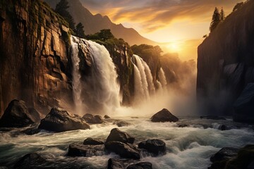 Waterfall cascading down a rocky cliff, with the sun setting behind it, casting a golden mist in the air. - obrazy, fototapety, plakaty
