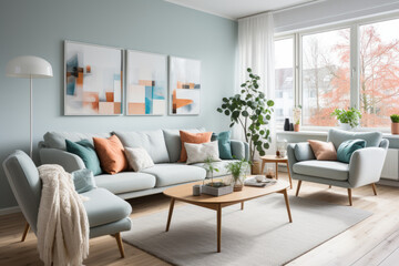 Modern living room with teal sofa, armchair, wooden coffee table, and wall art.