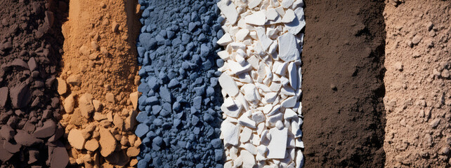 Panoramic Wallpaper backdrop of the dry mortar range. Texture plan assortment of different powders and mixtures for renovation, building materials background.