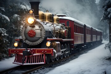 Nostalgic Christmas Train Ride - A vintage steam train decked out for Christmas, chugging through a winter wonderland - AI Generated