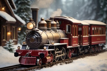 Fototapeta premium Nostalgic Christmas Train Ride - A vintage steam train decked out for Christmas, chugging through a winter wonderland - AI Generated