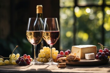 Vintage Wine Tasting - An elegant wine glass with a vintage bottle, cheese, and grapes on an old wooden table - AI Generated