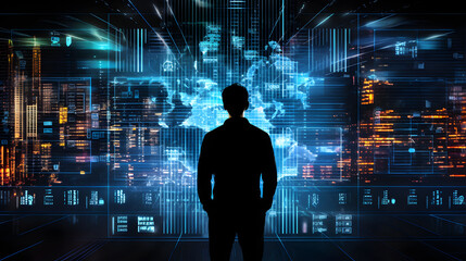 A silhouette of a person standing in front of a giant digital screen with a flow of data showing various cyber threats and vulnerabilities. generative AI