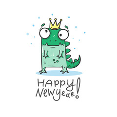 New Year card with cute cartoon dragon. Chinese calendar symbol. Vector holiday poster. Funny animal. Contour  doodle color image.