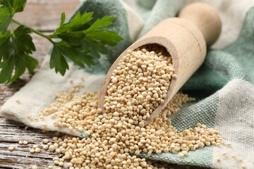 Scoop with dry quinoa seeds and parsley on wooden table, closeup