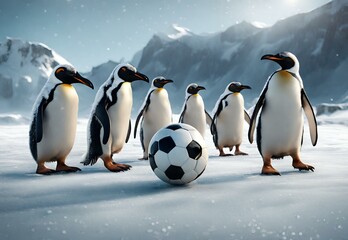 Fototapeta premium A group of penguins playing soccer on an icy field