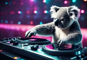 A koala DJ spinning records at a nightclub