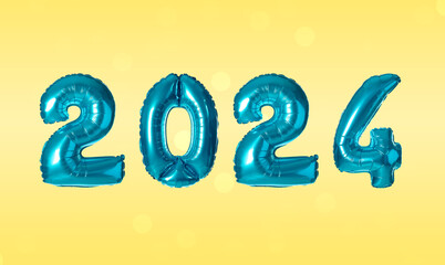 New 2024 Year. Blue number shaped balloons on yellow background