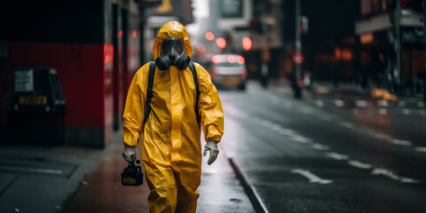 Man using bio hazard suits in on city streets due to pollution and contamination - obrazy, fototapety, plakaty