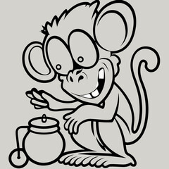 Monkey cartoon doodle animal funny childish line black and white vector illustration