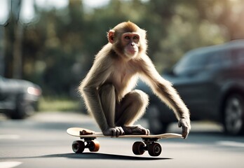 A monkey riding a skateboard and doing tricks - obrazy, fototapety, plakaty