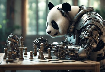A panda playing chess with a robot