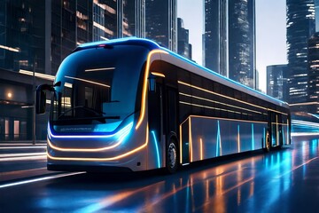 An electric bus with dynamic lines and tremendous speed in a smart city. Concept for futuristic transportation