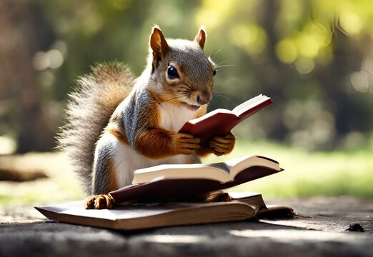 A squirrel reading a book under a tree
