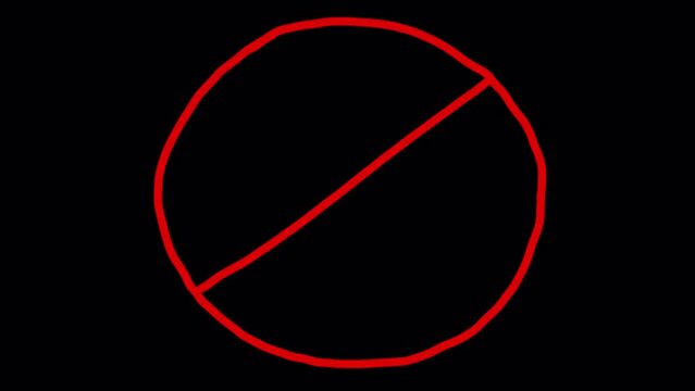 Thin prohibition sign on a black screen. Animation of prohibition and blocking in 4K with alpha channel. Crossed out red circle with trembling.