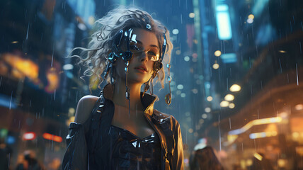 Obraz premium artificial intelligence with a futuristic and abstract composition, Girl wit AI technology. generative AI