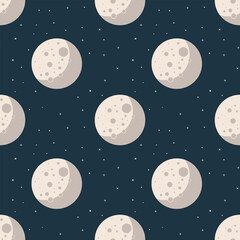 Seamless pattern, full moon and stars on a blue background. Children's print, textile, vector