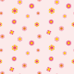 Seamless pattern, small groovy flowers on a pink background. Children's print, textile, vector