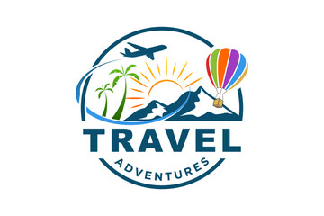 Travel logo, holiday trip, mountain view, airplane and hot air balloon tour.