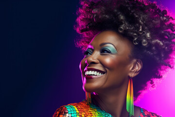Naklejka na ściany i meble Mature mid aged dark skin woman with black afro hair isolated in shiny abstract background, happily smiling black woman wearing fancy jewelries and colorful cloths close up portrait, healthy skin care