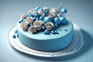 new decorated, chrismiss cake, with blue and gray.
