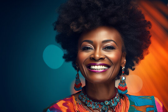 Mature mid aged dark skin woman with black afro hair isolated in shiny abstract background, happily smiling black woman wearing fancy jewelries and colorful cloths close up portrait, healthy skin care