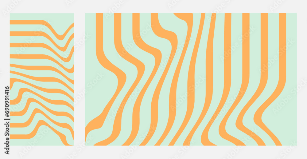 Poster set of groovy hippie 70s backgrounds. waves, swirl, twirl pattern. twisted and distorted vector text