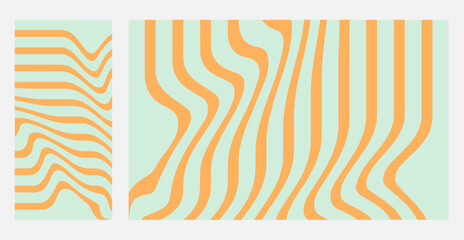 Set of groovy hippie 70s backgrounds. Waves, swirl, twirl pattern. Twisted and distorted vector texture in trendy retro style. Y2k aesthetic wallpapers.