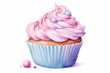 Watercolor illustration of a cupcake isolated on white background. AI generative