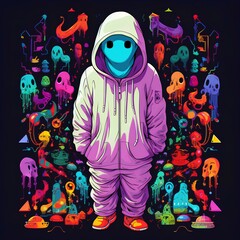 Cartoon cute ghost with colorful art background 