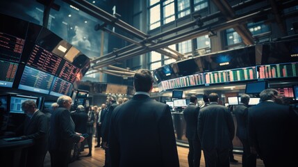 A bustling stock exchange floor with traders and screens displaying various seeking capital, Energy, Trade, Stock Market.