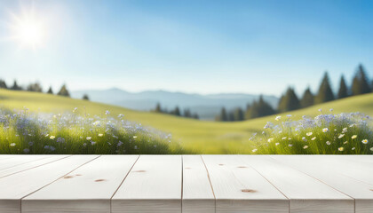 Beautiful spring landscape with empty wood table and copy space