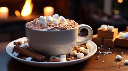 Obraz na płótnie Canvas Cup of hot chocolate topped with whipped and marshmallows.