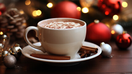 A cup with hot chocolate in front of ornaments.