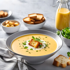 Creamy soup with croutons and fresh herbs