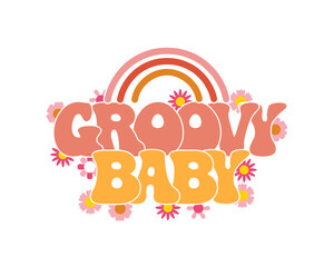 Groovy baby inscription on a rainbow background. Handwritten calligraphic inscription, phrase. Baby print, cartoon logo, vector