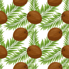Seamless pattern with coconuts and palm leaves on a light background. Background, print, textile, vector