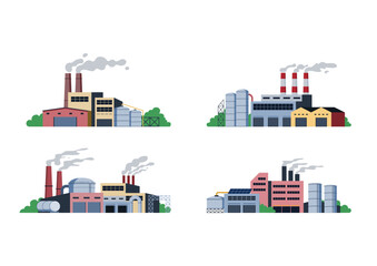 Set of Industrial Factory Building, Flat Vector Illustration