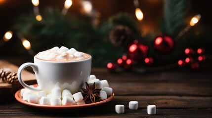 Obraz premium Cup of cocoa with marshmallows on a wooden background with Christmas tree branches