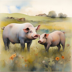 Watercolor Pig Illustration, generative ai
