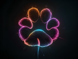 Obraz premium transparent glowing animal foot print, glowing lines, black background, for design, isolated