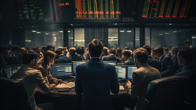 A bustling stock exchange room with traders, stock prices dropping and concerned stakeholders in a meeting room.
