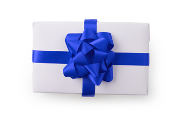 Top view of white gift box with blue ribbon isolated on white background